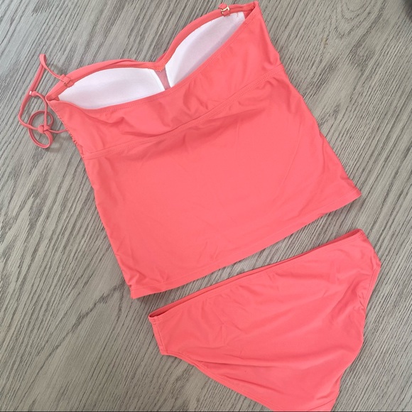 ON THE BEACH Shirred Sweetheart Neckline Salmon Pink Halter Tankini Set Size 10 - Picture 4 of 14